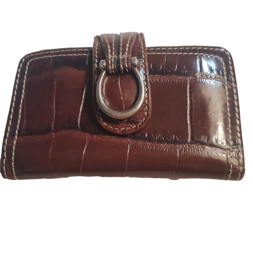 Brown Croc-Embossed Leather Wallet with Buckle Closure